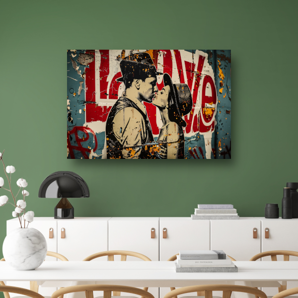 Verstrengelde liefde tegen een stedelijke achtergrond canvas met baklijst