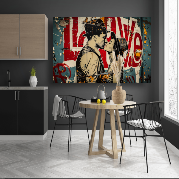 Verstrengelde liefde tegen een stedelijke achtergrond canvas met baklijst