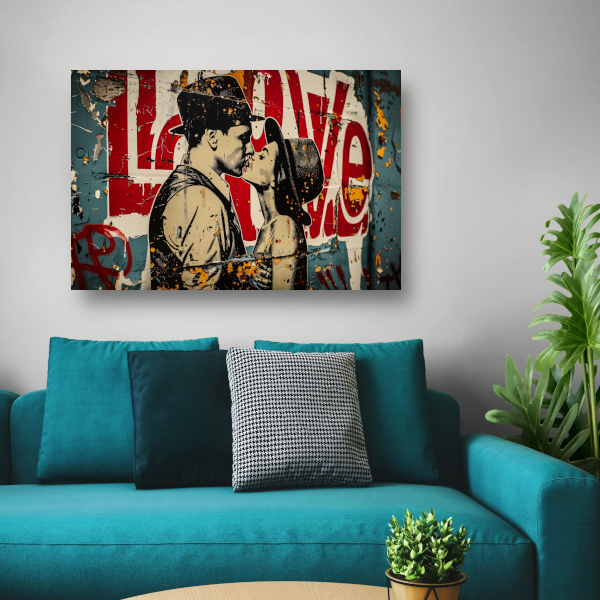 Verstrengelde liefde tegen een stedelijke achtergrond canvas met baklijst