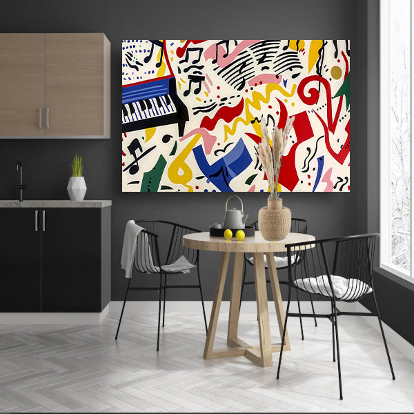 Abstracte kunst met kleurrijke muzieknoten canvas met baklijst