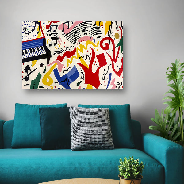 Abstracte kunst met kleurrijke muzieknoten canvas met baklijst