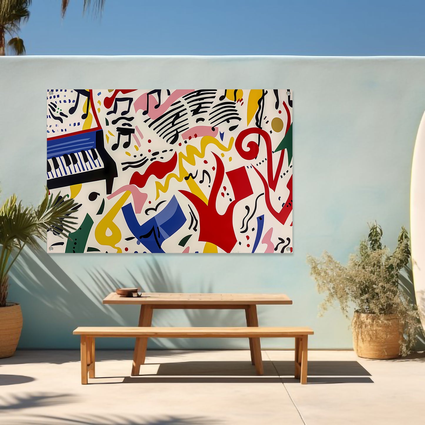 Abstracte kunst met kleurrijke muzieknoten tuinposter