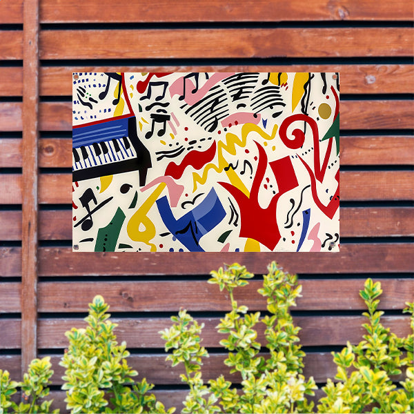 Abstracte kunst met kleurrijke muzieknoten tuinposter