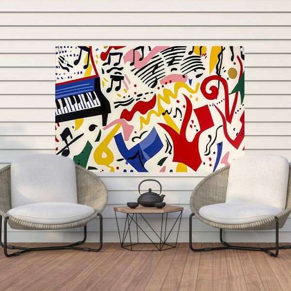 Abstracte kunst met kleurrijke muzieknoten tuinposter