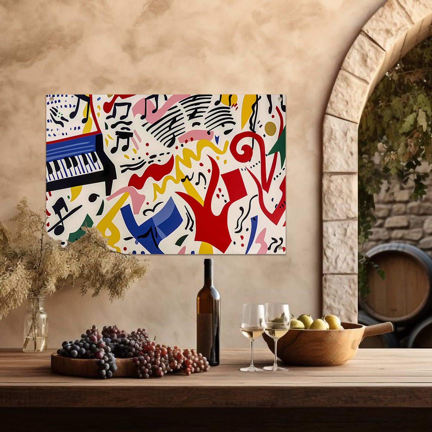 Abstracte kunst met kleurrijke muzieknoten tuinposter