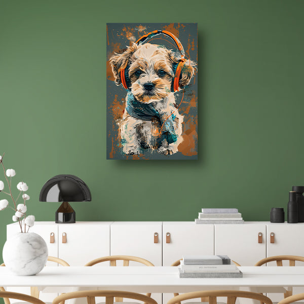 Portret van een Hond met Koptelefoon poster