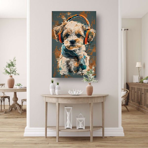 Portret van een Hond met Koptelefoon poster
