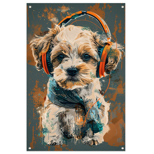 Portret van een Hond met Koptelefoon tuinposter