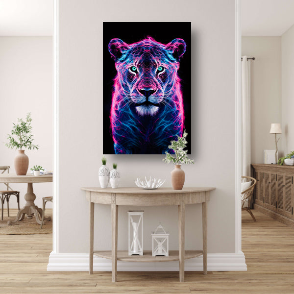 Futuristische bioluminescente leeuw met kleurrijke lichten canvas