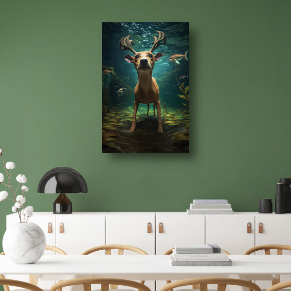 Hert zwemt onder water in surrealistische droom canvas met baklijst