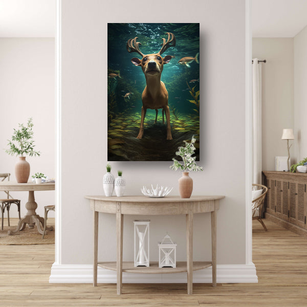 Hert zwemt onder water in surrealistische droom canvas met baklijst