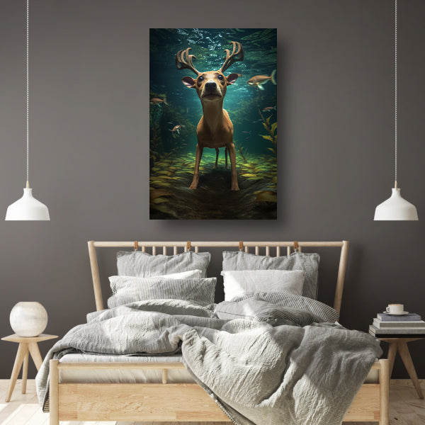 Hert zwemt onder water in surrealistische droom canvas met baklijst