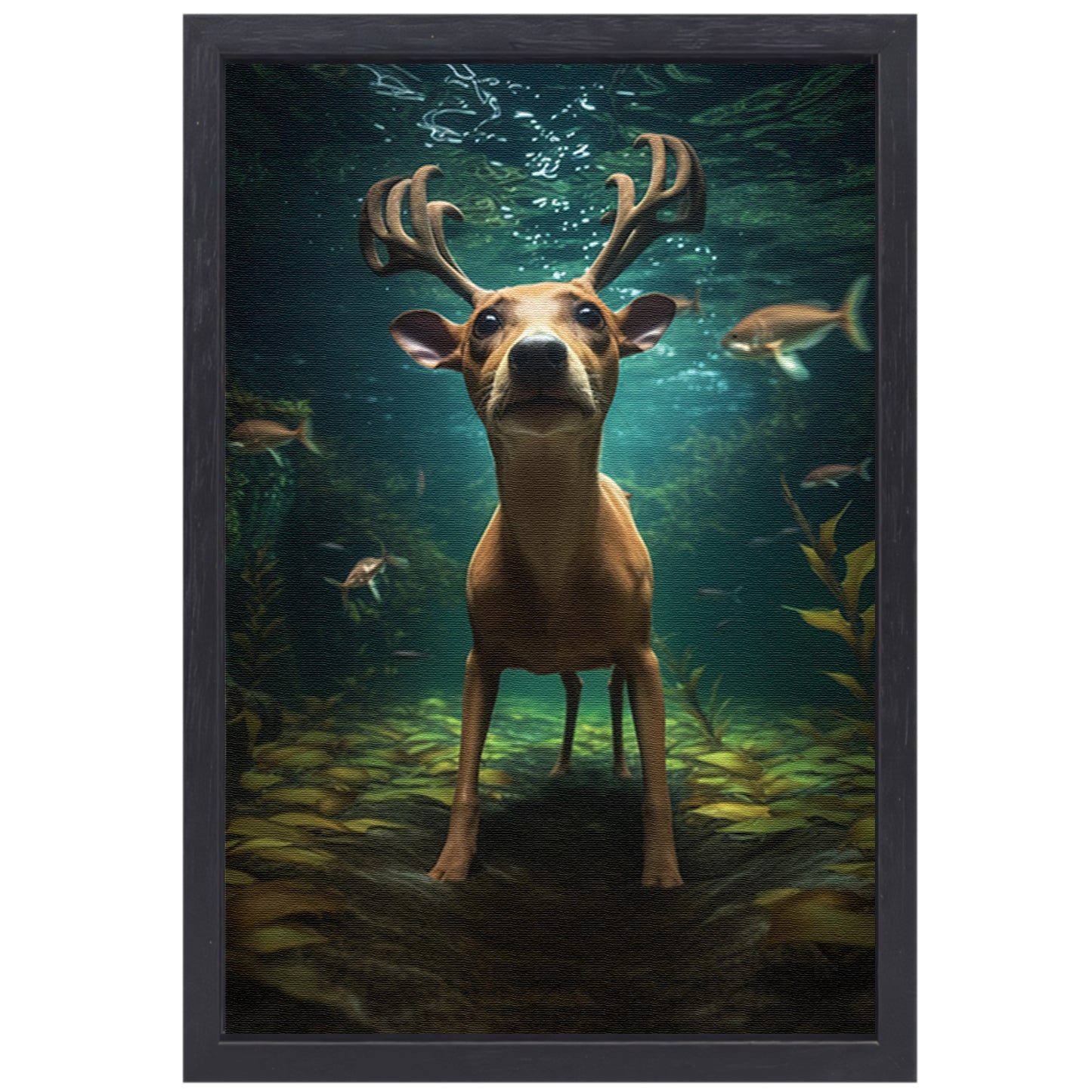 Hert zwemt onder water in surrealistische droom canvas met baklijst