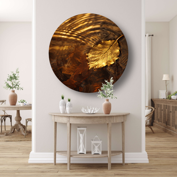 Gouden herfstblad zwevend op rustig water aluminium muurcirkel
