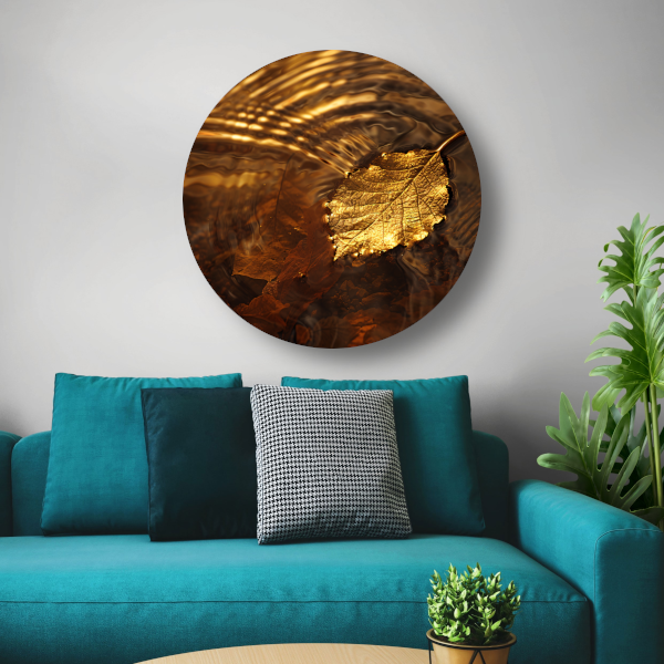 Gouden herfstblad zwevend op rustig water aluminium muurcirkel