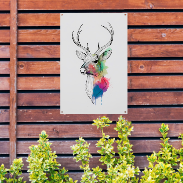 Minimalistisch lijnkunst hert in kleurexplosie tuinposter