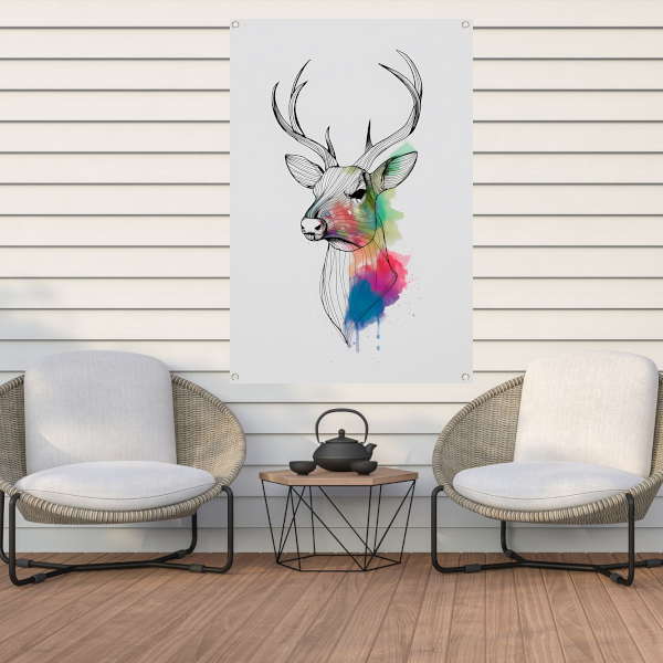 Minimalistisch lijnkunst hert in kleurexplosie tuinposter