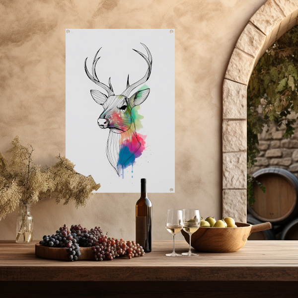 Minimalistisch lijnkunst hert in kleurexplosie tuinposter