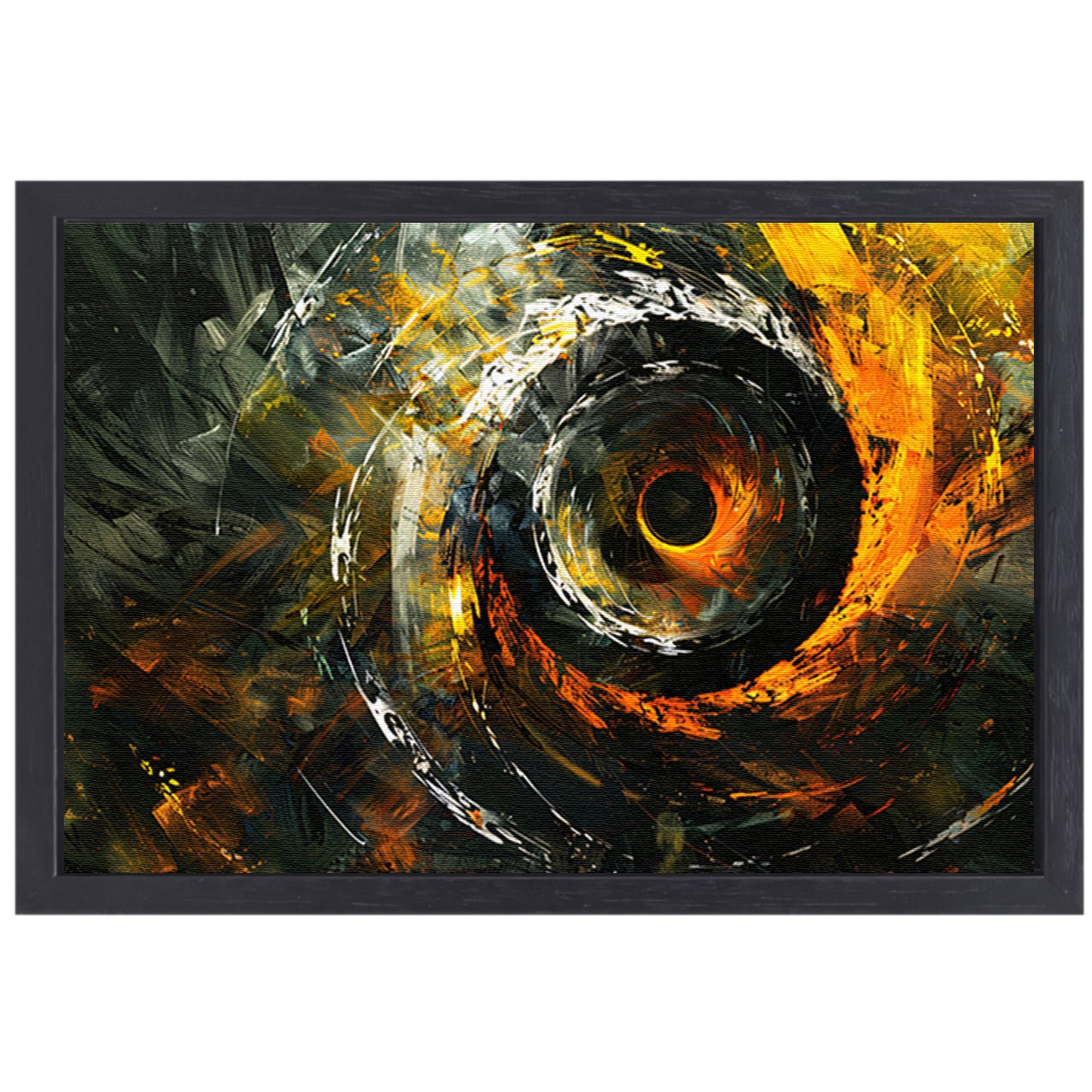Dynamisch abstract schilderij met spiraalvormen canvas met baklijst
