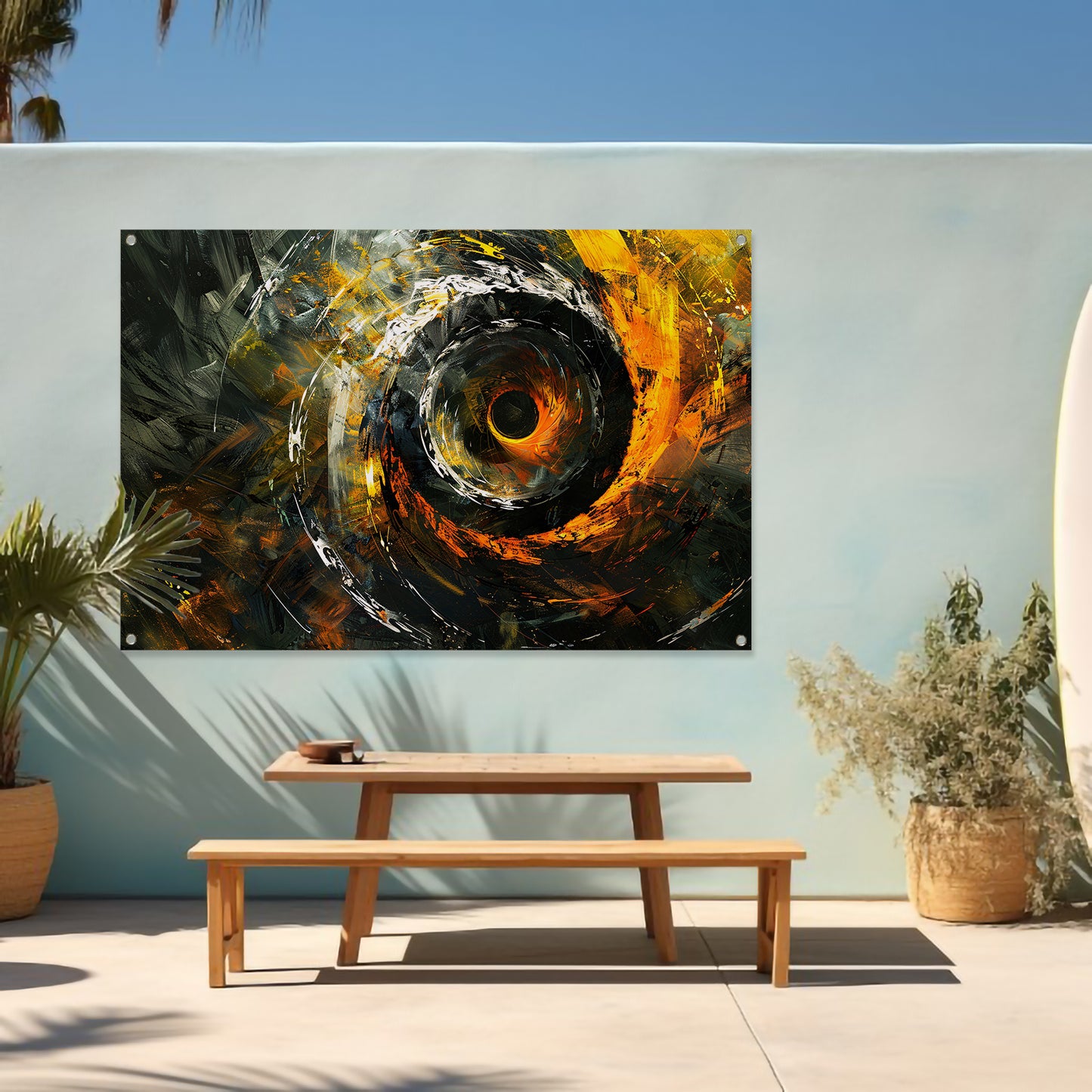 Dynamisch abstract schilderij met spiraalvormen tuinposter