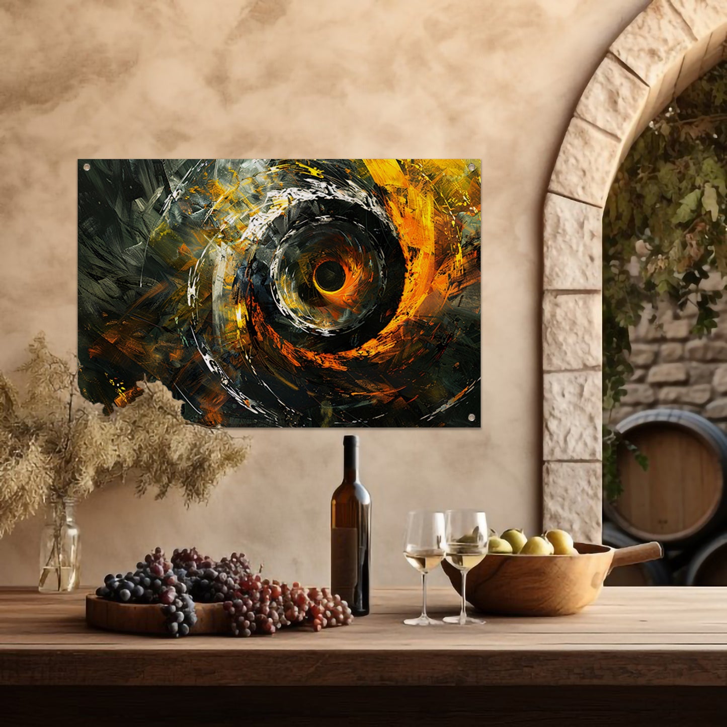 Dynamisch abstract schilderij met spiraalvormen tuinposter