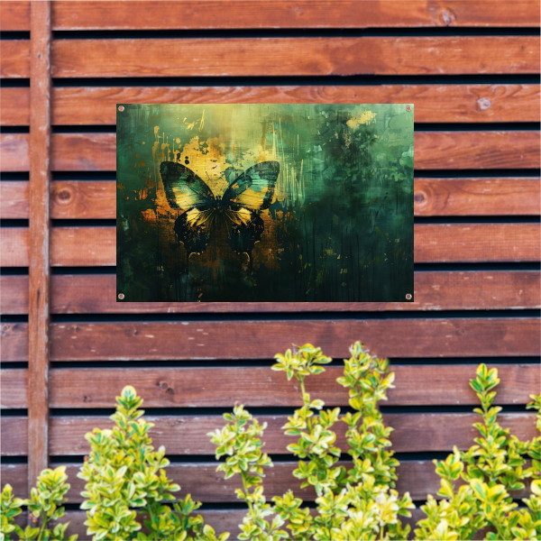 Abstracte kleurrijke vlinder op dynamische achtergrond tuinposter