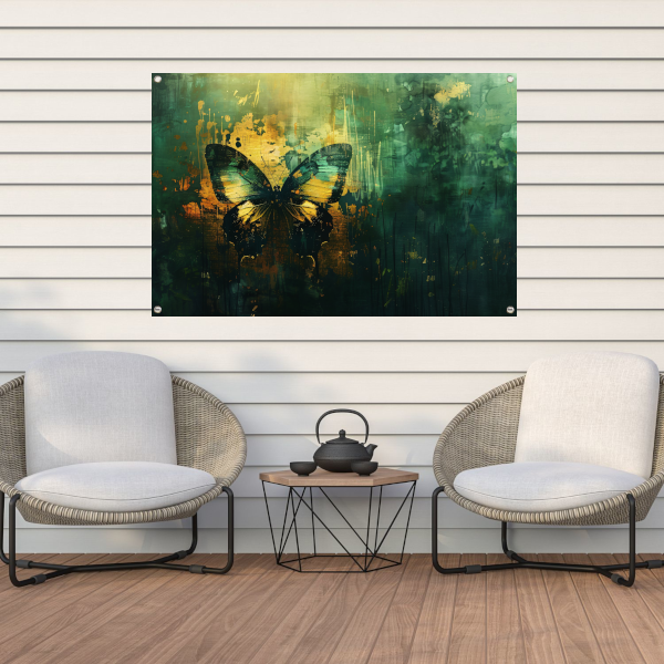 Abstracte kleurrijke vlinder op dynamische achtergrond tuinposter