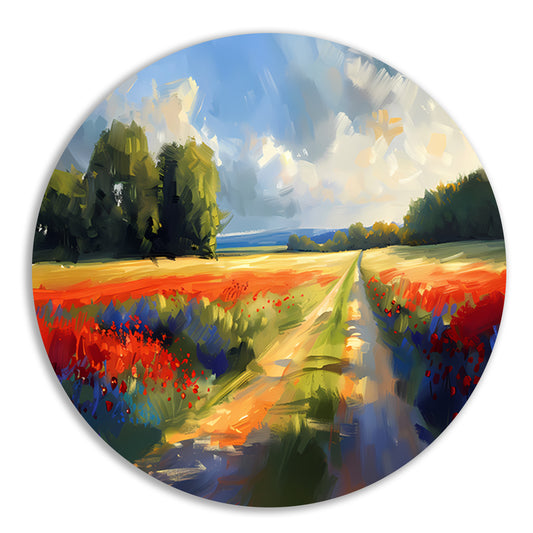 Kleurrijk schilderij van bloemenveld met bomen aluminium muurcirkel