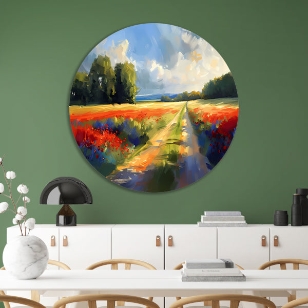 Kleurrijk schilderij van bloemenveld met bomen forex muurcirkel