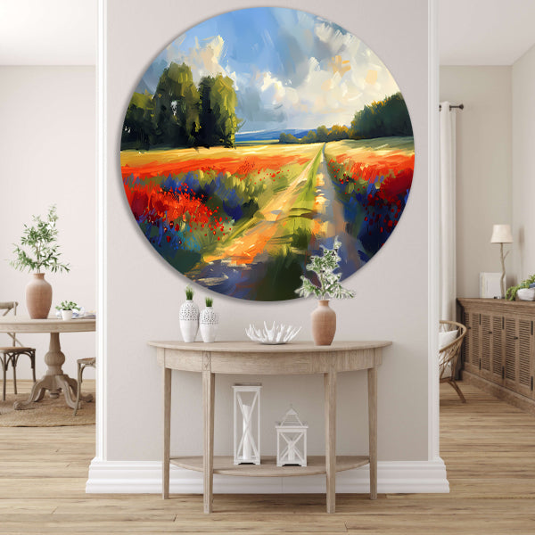 Kleurrijk schilderij van bloemenveld met bomen forex muurcirkel