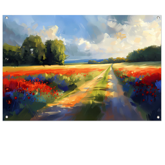 Kleurrijk schilderij van bloemenveld met bomen tuinposter