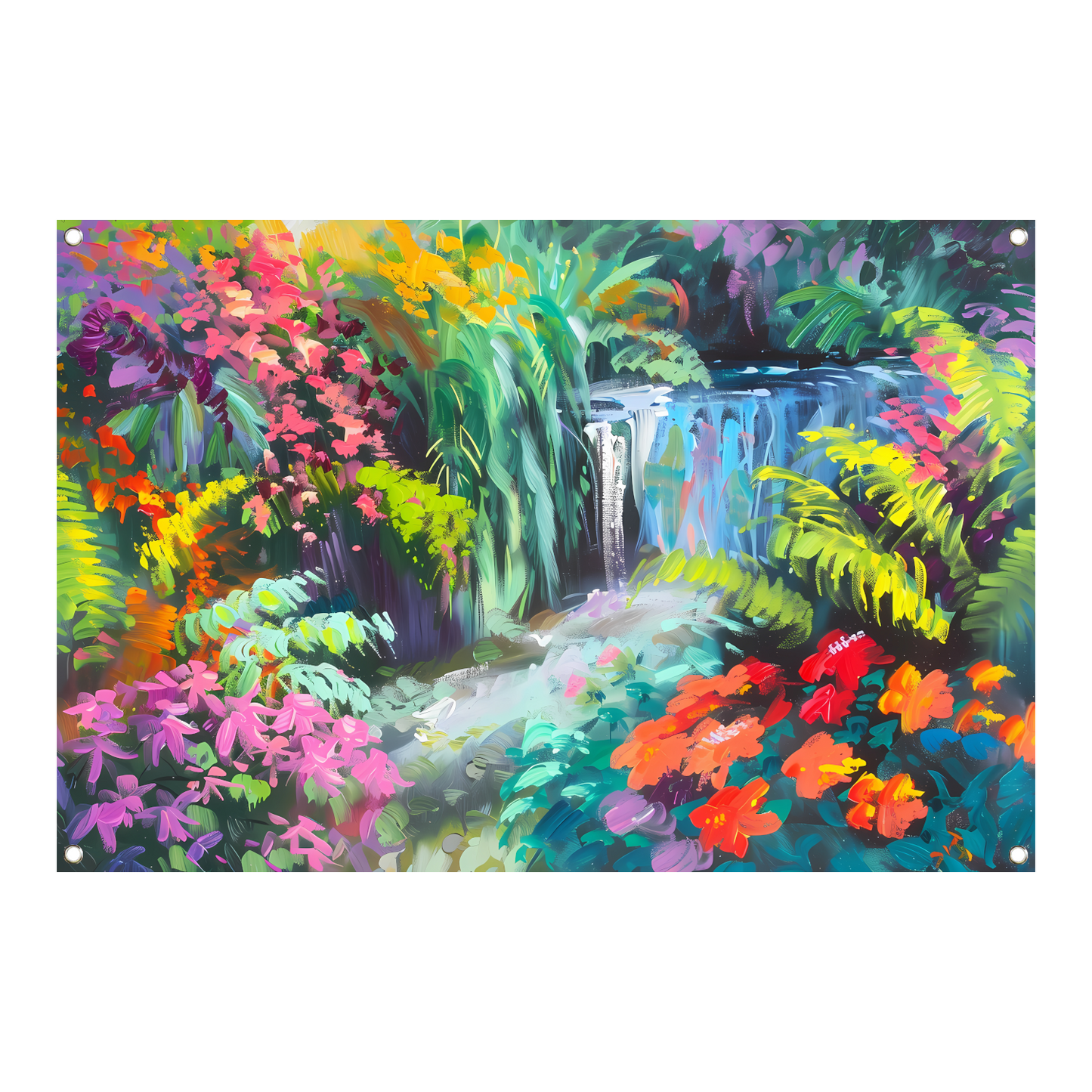 Impressionistische waterval met kleurrijke bloemenpracht tuinposter