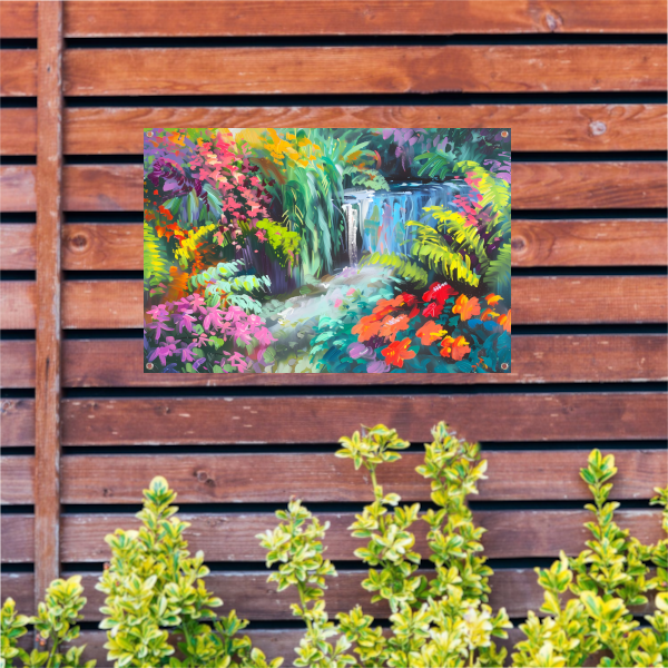 Impressionistische waterval met kleurrijke bloemenpracht tuinposter
