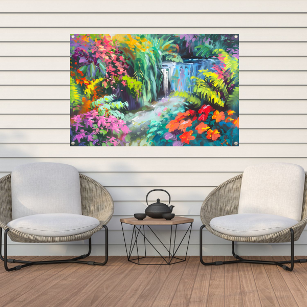 Impressionistische waterval met kleurrijke bloemenpracht tuinposter