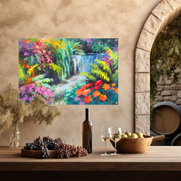 Impressionistische waterval met kleurrijke bloemenpracht tuinposter