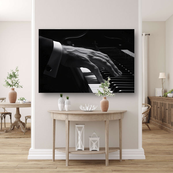 Hand speelt piano in zwart-wit foto poster