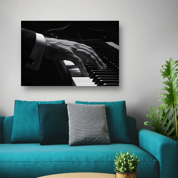 Hand speelt piano in zwart-wit foto poster