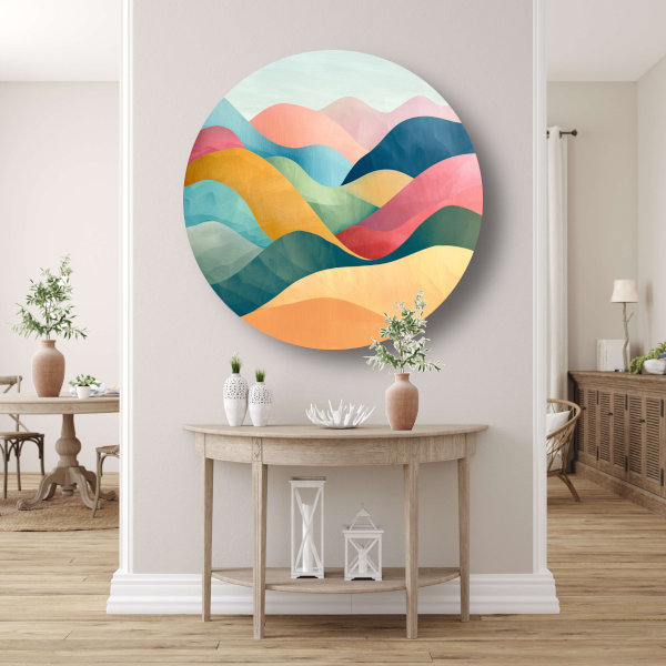 Golvende abstracte kunst met kleurrijke landschappen forex muurcirkel