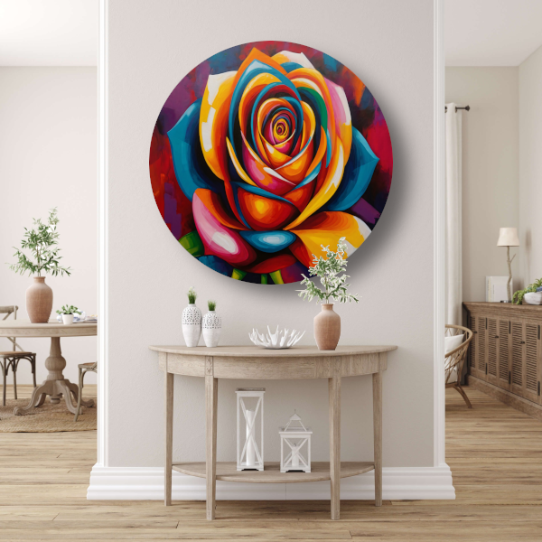 Kleurrijke Abstracte Roos in Levendige Tinten aluminium muurcirkel