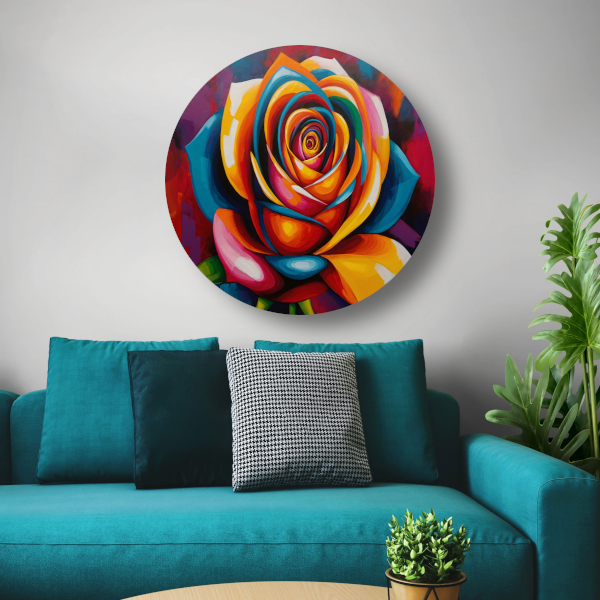 Kleurrijke Abstracte Roos in Levendige Tinten aluminium muurcirkel