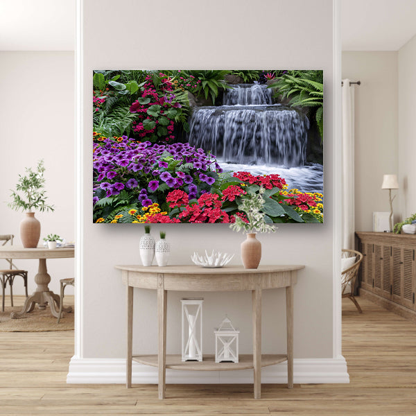 Kleurrijke bloementuin met serene waterval canvas