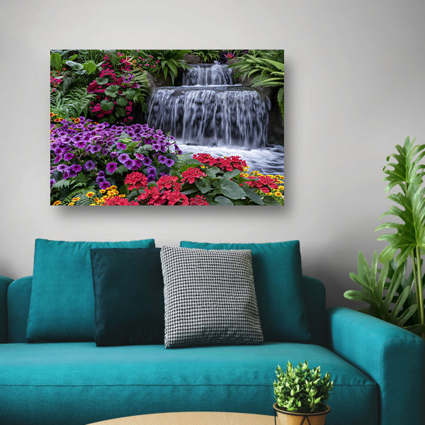 Kleurrijke bloementuin met serene waterval canvas