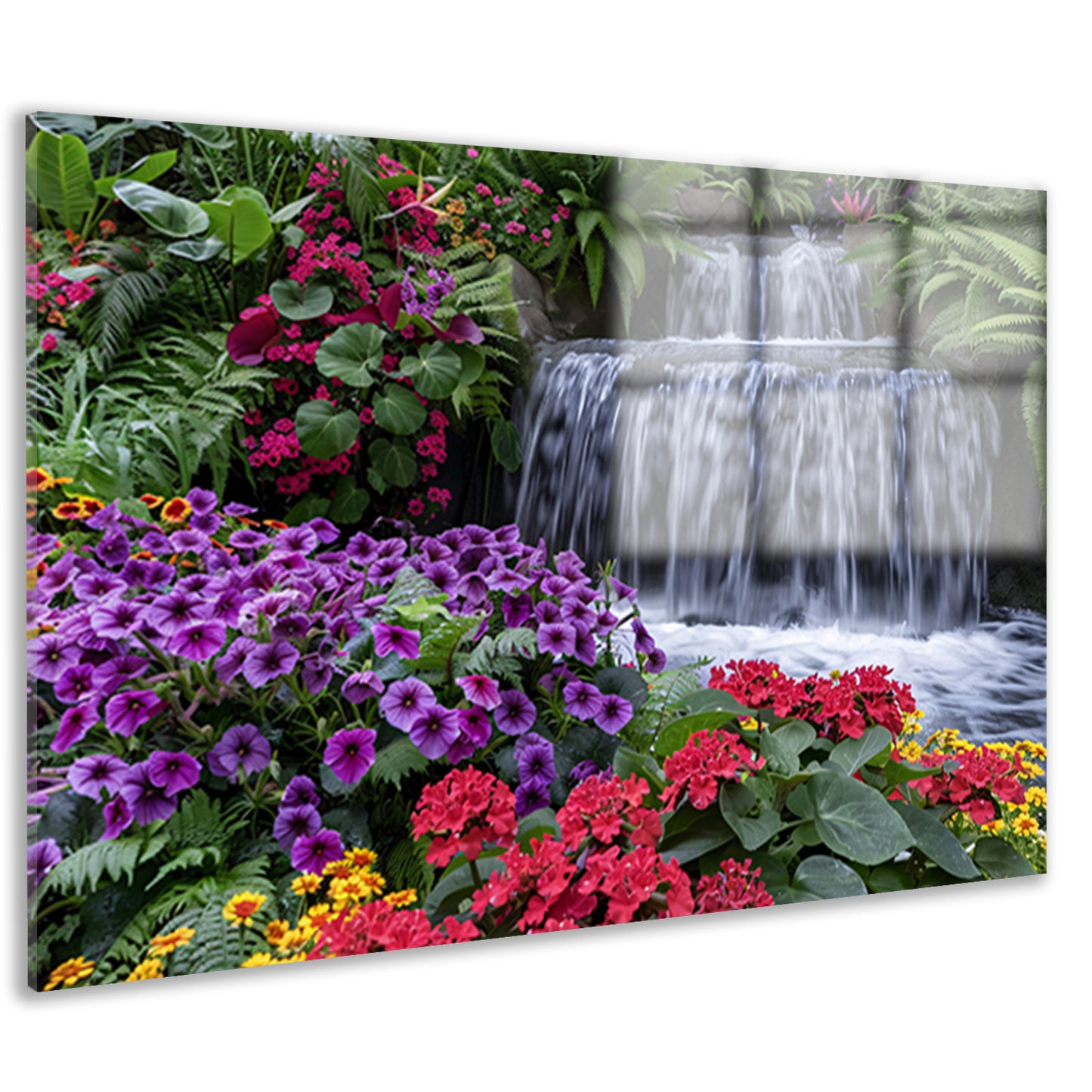 Kleurrijke bloementuin met serene waterval acrylglas