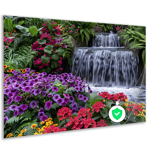 Kleurrijke bloementuin met serene waterval poster
