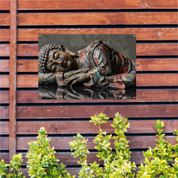 Reflecterende Boeddha in herfstkleurenpracht tuinposter