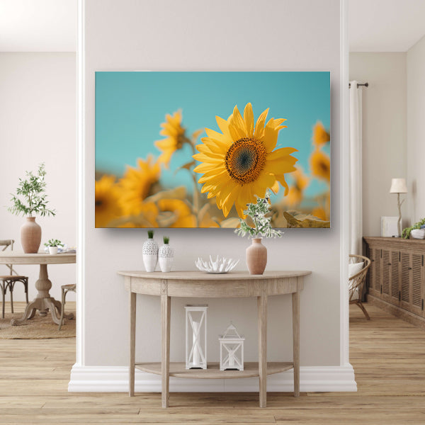 Veld vol zonnebloemen onder helderblauwe hemel canvas
