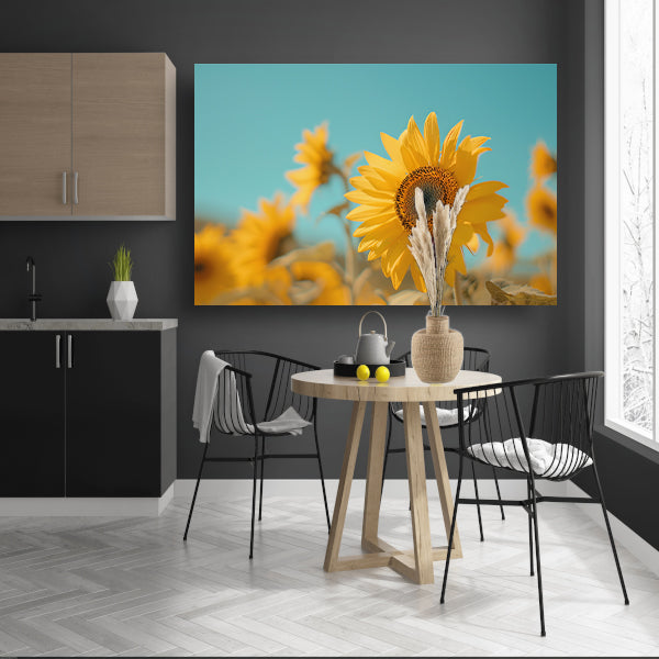 Veld vol zonnebloemen onder helderblauwe hemel canvas