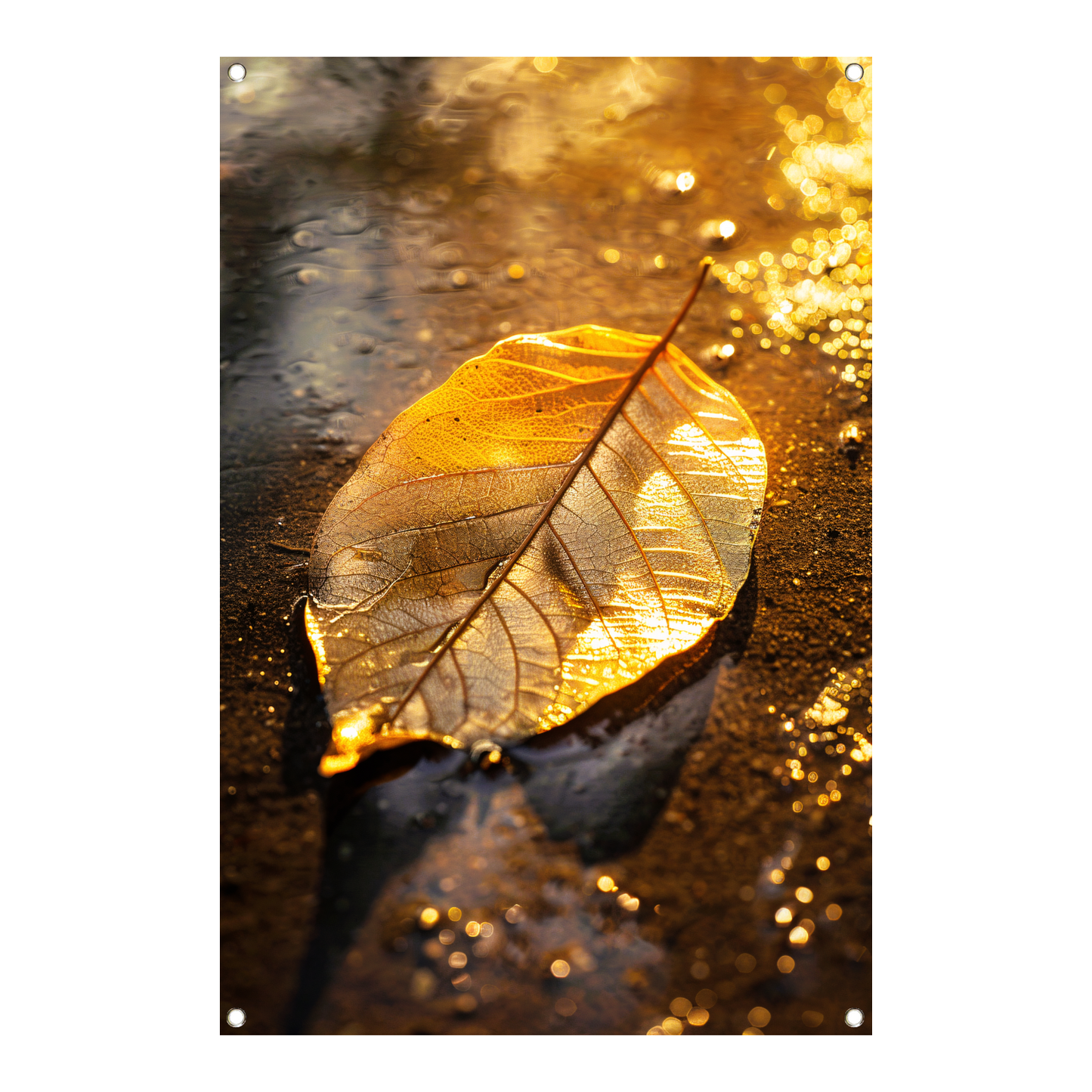 Herfstblad in gouden licht op natte ondergrond tuinposter