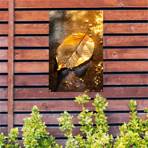 Herfstblad in gouden licht op natte ondergrond tuinposter
