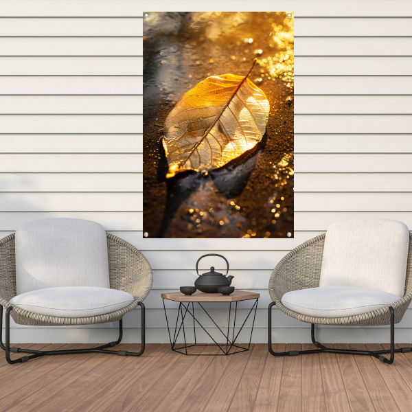 Herfstblad in gouden licht op natte ondergrond tuinposter